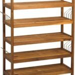 HOMCOM 5-Tier Shoe Rack, Acacia Wooden Shoe Storage Organiser with 4 Hangers, Holds up to 24 Pairs, for Entryway, Living Room, 64 x 26 x 82 cm, Teak