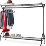 House of Home Clothes Rail with Wheels Super Heavy Duty Metal 1 Tier Rail Wardrobe Replacement- Hanging Clothing & Shoe Rack Storage & Organiser for Shirts, Coats, Hat & Shoes – Black, 6ft x 5ft