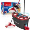 Vileda Turbo Microfibre Mop And Bucket Set, Spin Mop For Cleaning Floors, Set Of 1x Mop And 1x Bucket, Eco Packaging, Red White