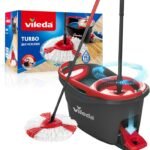 Vileda Turbo Microfibre Mop And Bucket Set, Spin Mop For Cleaning Floors, Set Of 1x Mop And 1x Bucket, Eco Packaging, Red White